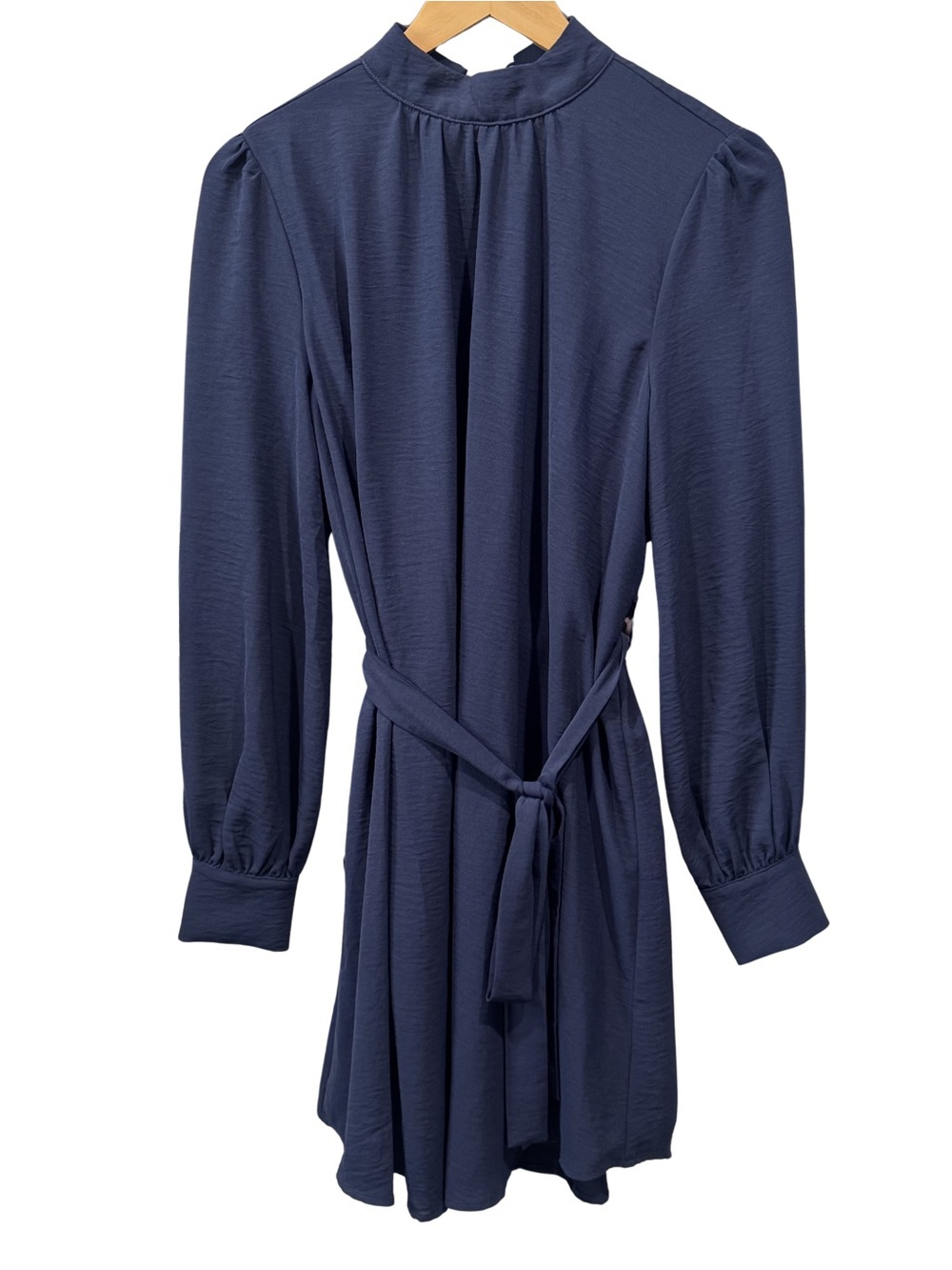 NWT She + Sky Navy Long Sleeve Tie Waist Mini Dress Size M High Neck Lined